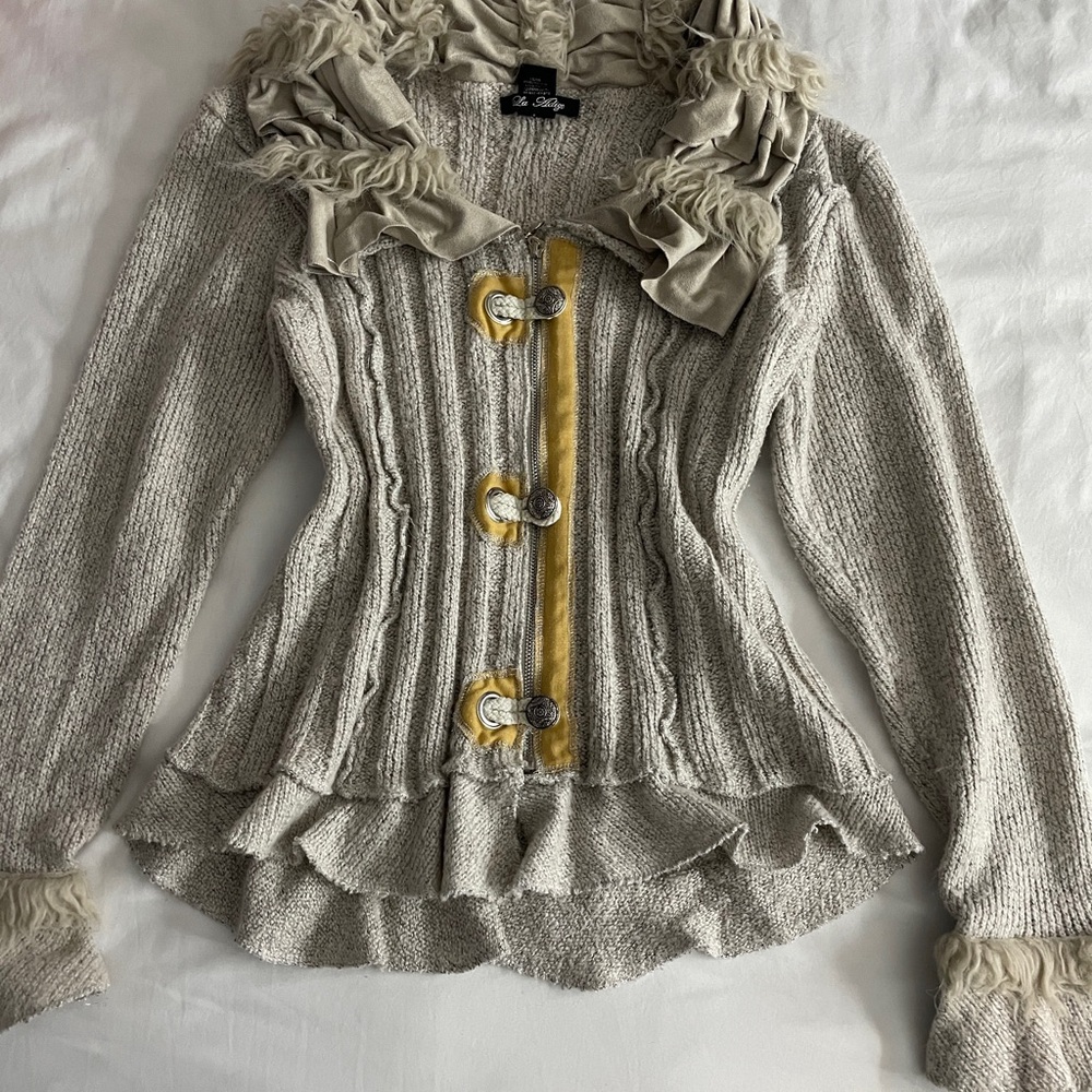 Ecru Textured Cardigan with Cream and Yellow Details